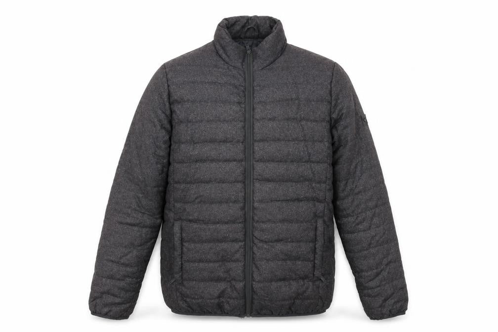 Front view of Brave Soul men’s grey puffer jacket jacket, size M, zip