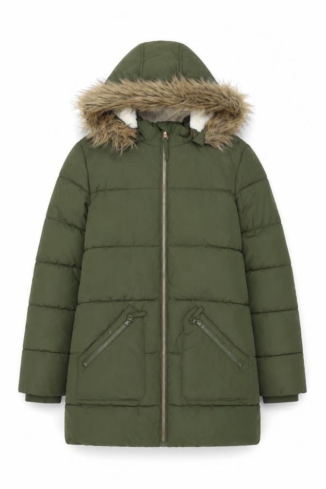 Front view of John Lewis girls’ green parka jacket, size 11, years zip