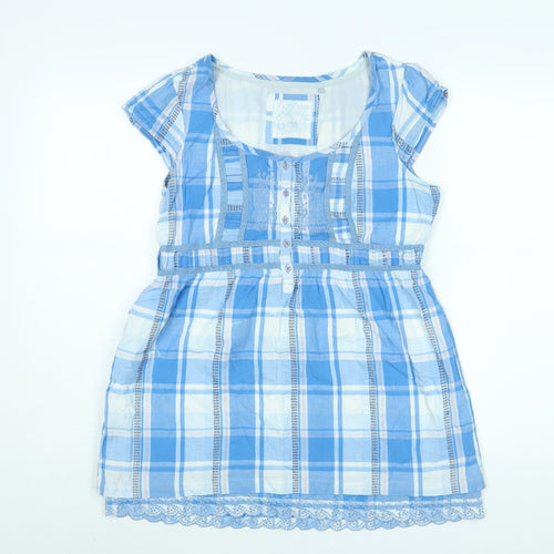 Fat Face Womens Blue Check Cotton Basic Blouse Size 12 Round Neck - Lace Trim