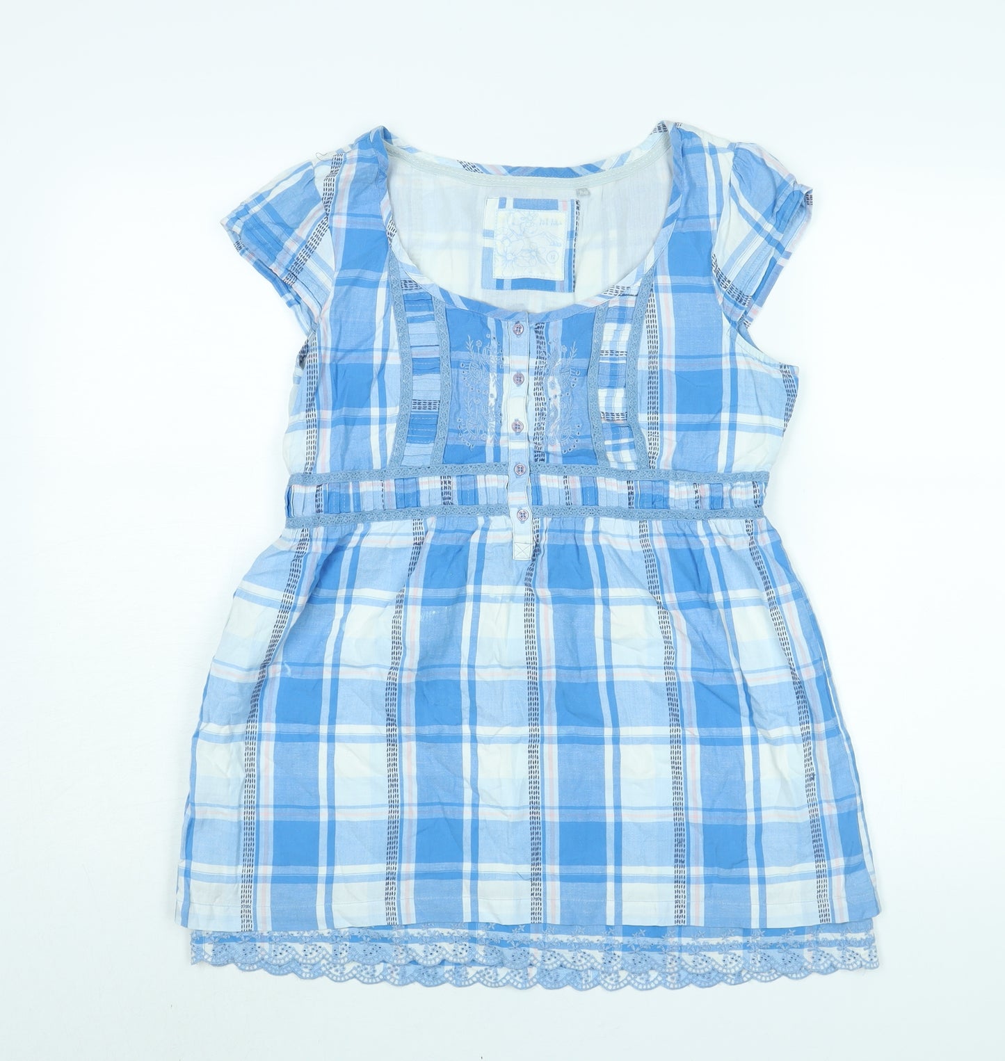 Fat Face Womens Blue Check Cotton Basic Blouse Size 12 Round Neck - Lace Trim