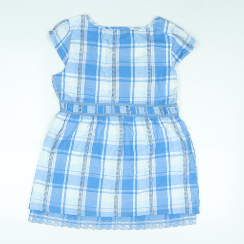 Fat Face Womens Blue Check Cotton Basic Blouse Size 12 Round Neck - Lace Trim