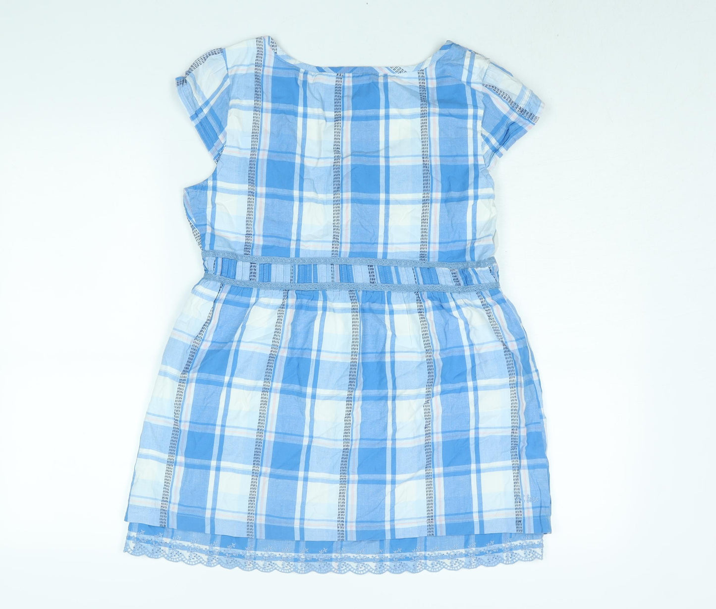 Fat Face Womens Blue Check Cotton Basic Blouse Size 12 Round Neck - Lace Trim