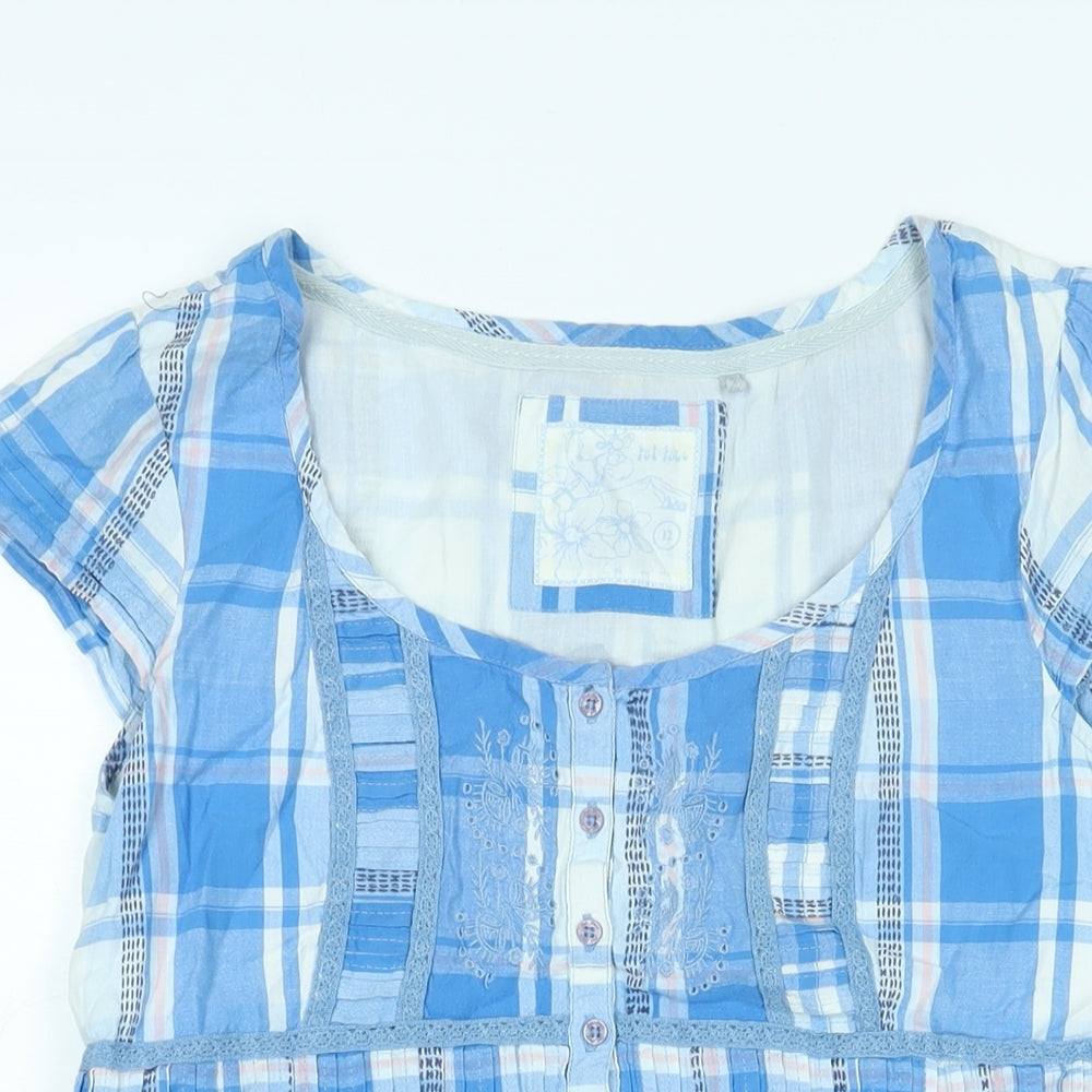 Fat Face Womens Blue Check Cotton Basic Blouse Size 12 Round Neck - Lace Trim