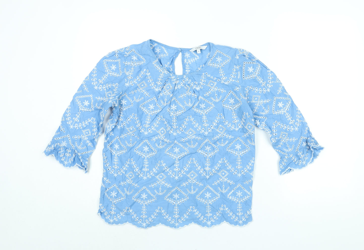 NEXT Womens Blue Geometric Cotton Basic Blouse Size 8 Round Neck - Embroidered