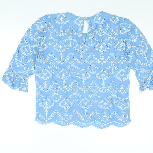NEXT Womens Blue Geometric Cotton Basic Blouse Size 8 Round Neck - Embroidered