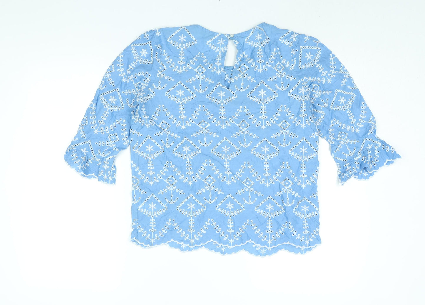 NEXT Womens Blue Geometric Cotton Basic Blouse Size 8 Round Neck - Embroidered