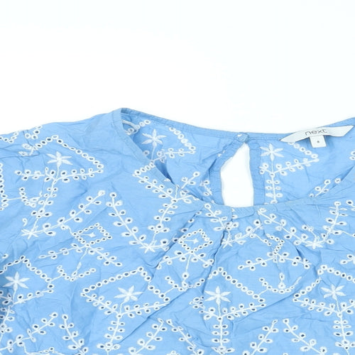 NEXT Womens Blue Geometric Cotton Basic Blouse Size 8 Round Neck - Embroidered