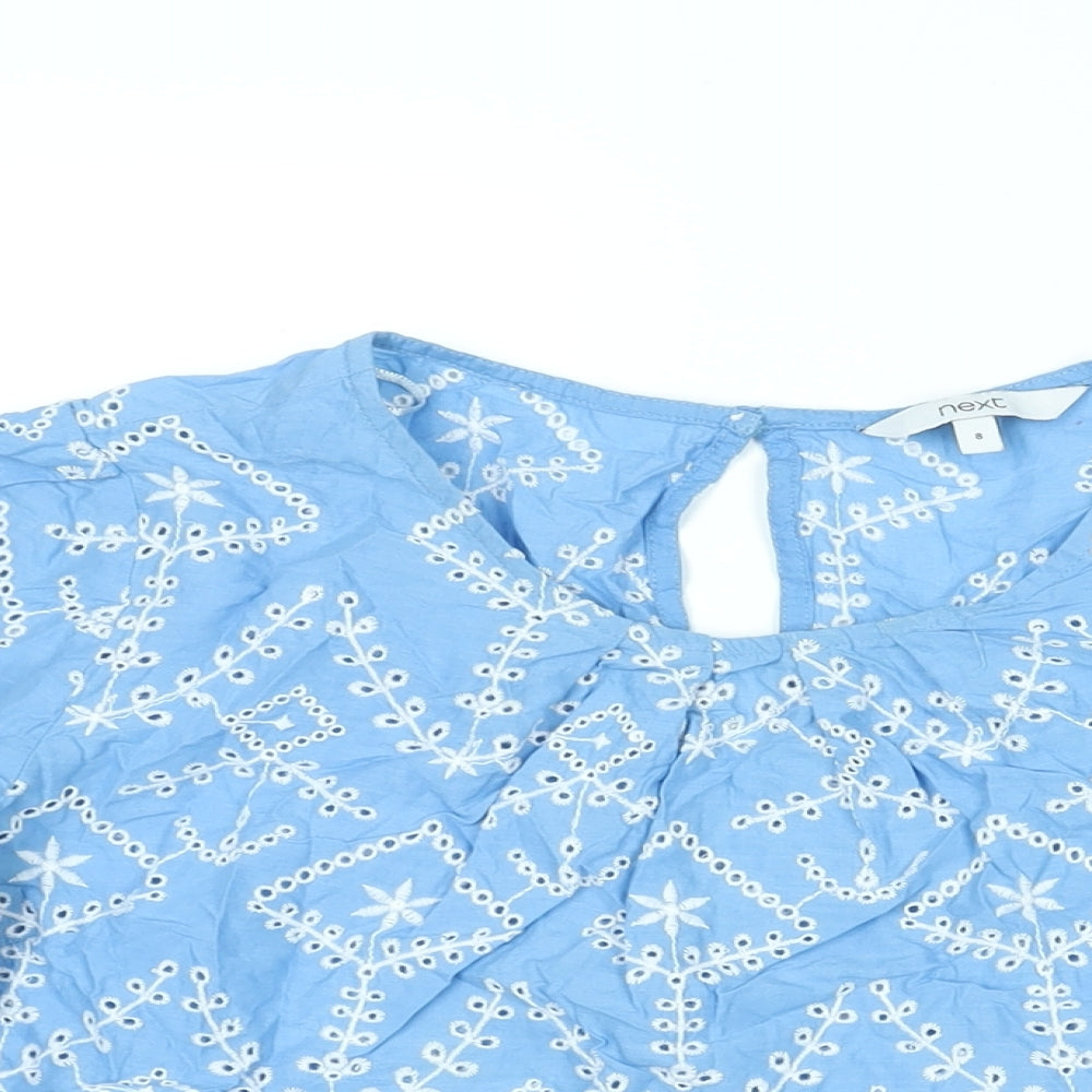 NEXT Womens Blue Geometric Cotton Basic Blouse Size 8 Round Neck - Embroidered