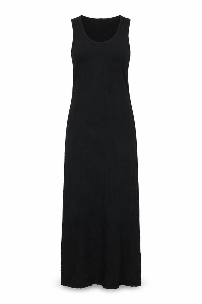 Front view of PRETTYLITTLETHING women’s black viscose maxi, size UK 10, round neck pullover - back slit
