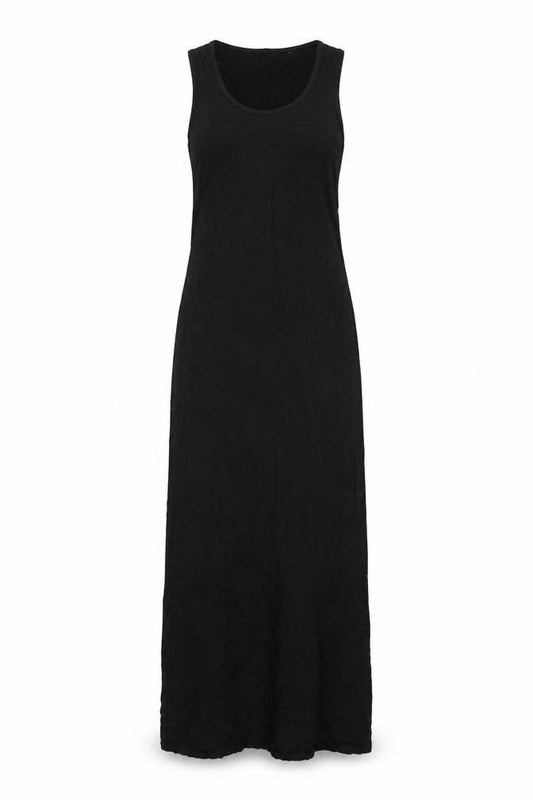 Front view of PRETTYLITTLETHING women’s black viscose maxi, size UK 10, round neck pullover - back slit