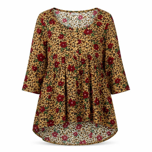 Front view of Simply Be women’s multicoloured geometric viscose tunic blouse, scoop neck - leopard floral print smocked