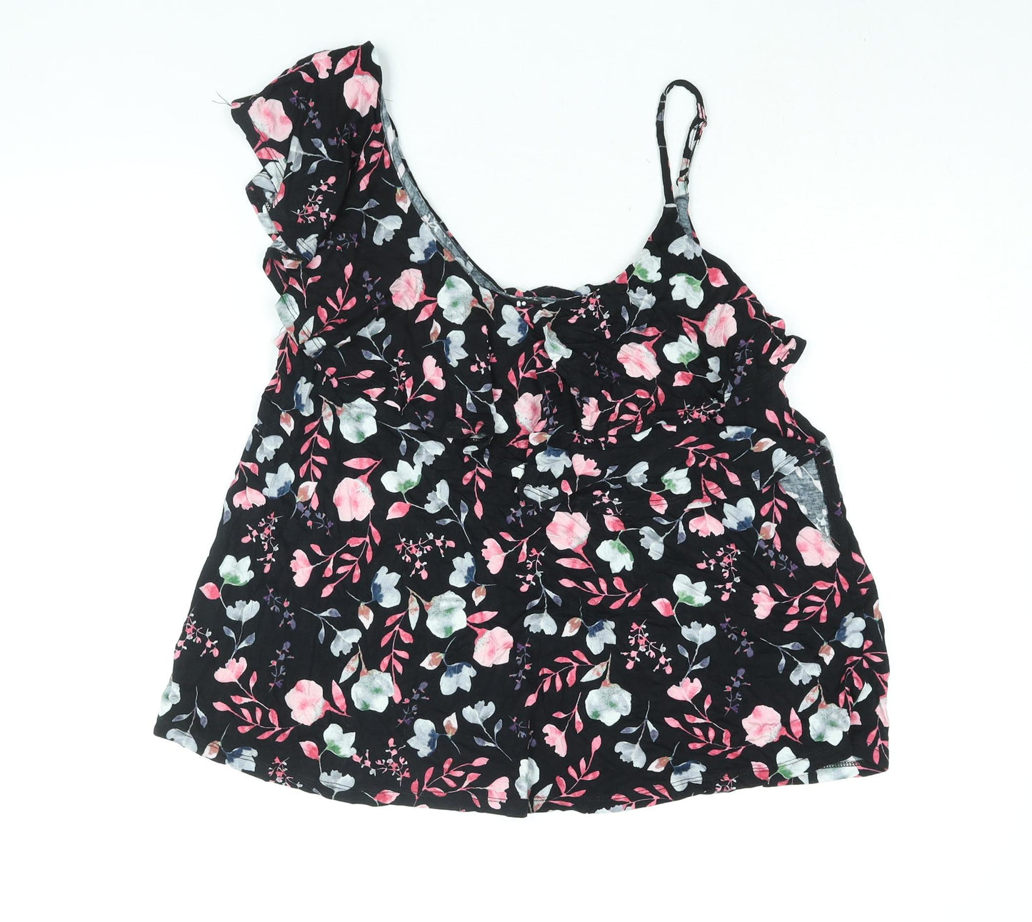 Very Womens Black Floral Viscose Basic Blouse Size 16 Scoop Neck - Frill