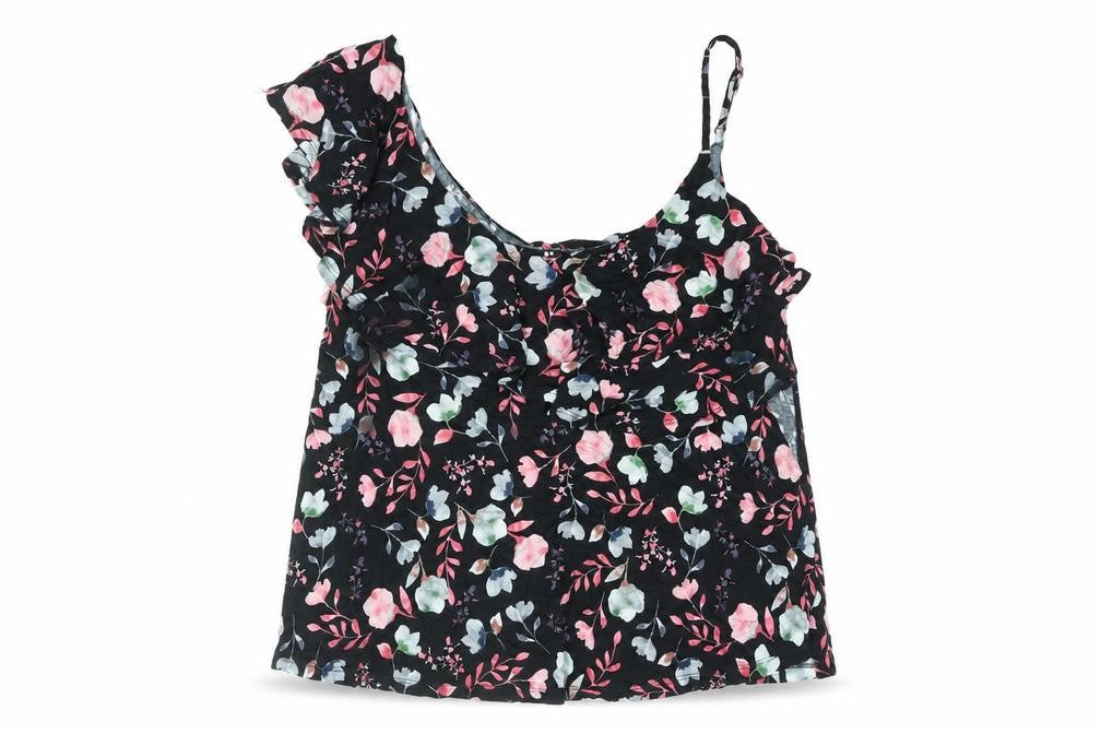 Front view of Very women’s black floral viscose basic blouse, size UK 16, scoop neck - frill