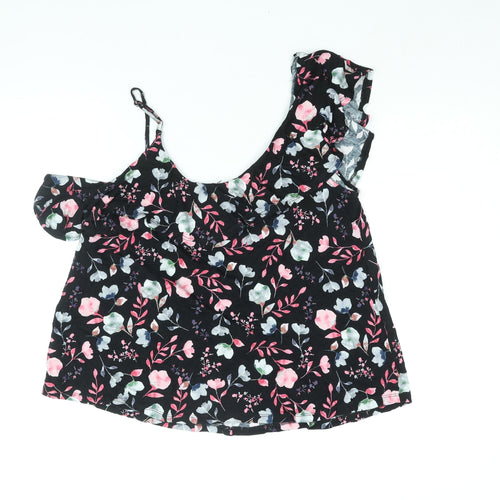 Very Womens Black Floral Viscose Basic Blouse Size 16 Scoop Neck - Frill