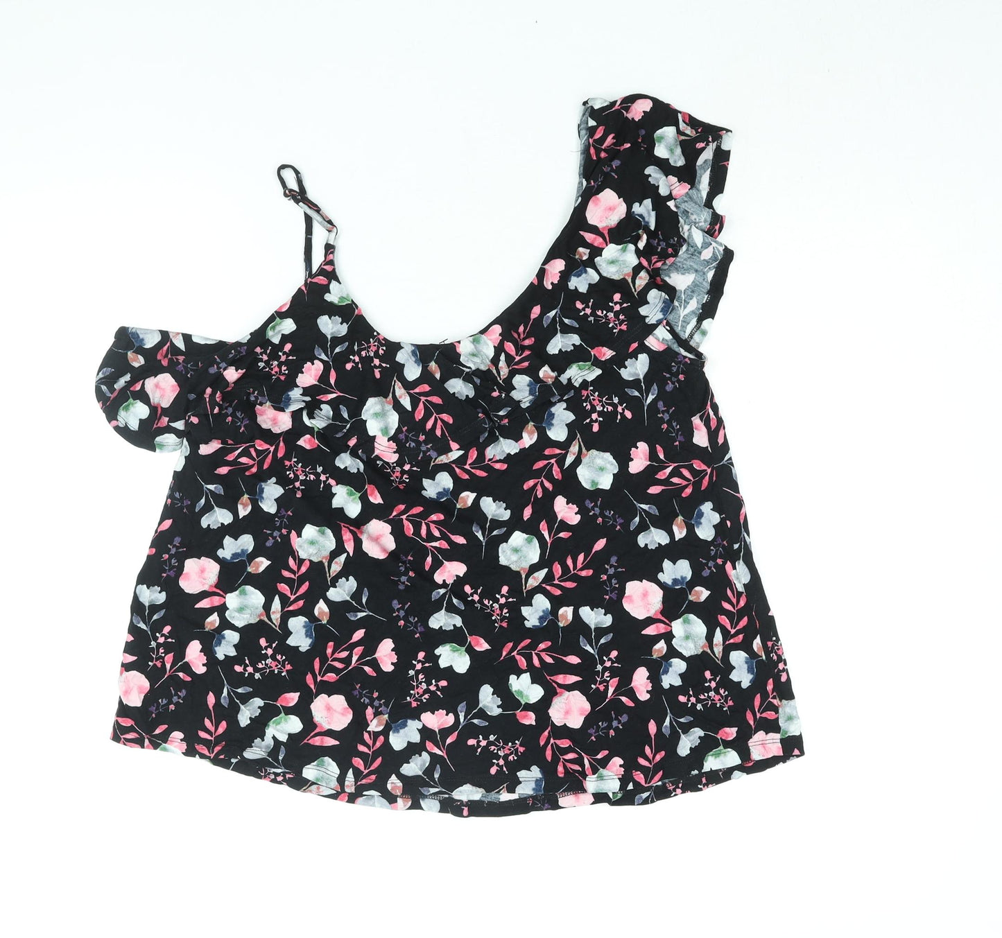 Very Womens Black Floral Viscose Basic Blouse Size 16 Scoop Neck - Frill