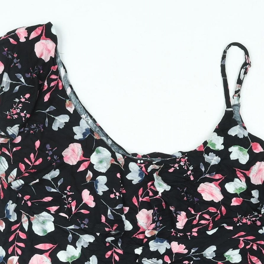 Very Womens Black Floral Viscose Basic Blouse Size 16 Scoop Neck - Frill
