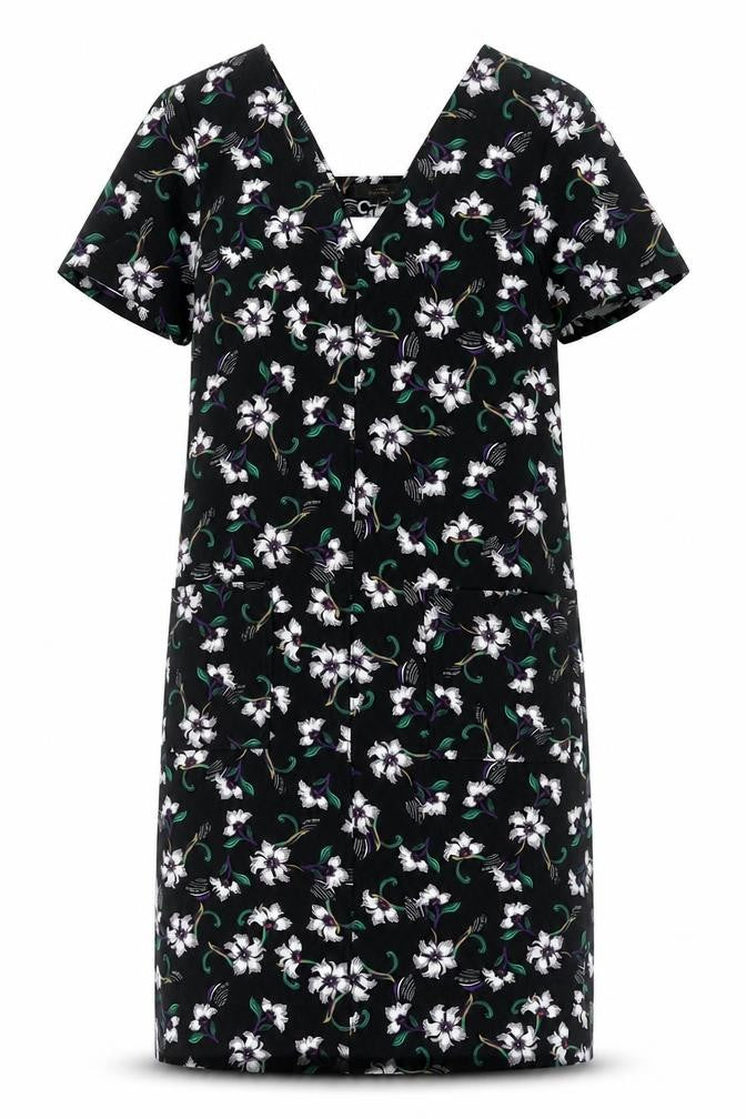 Front view of Next women’s black floral polyester sheath, size UK 10, v-neck pullover
