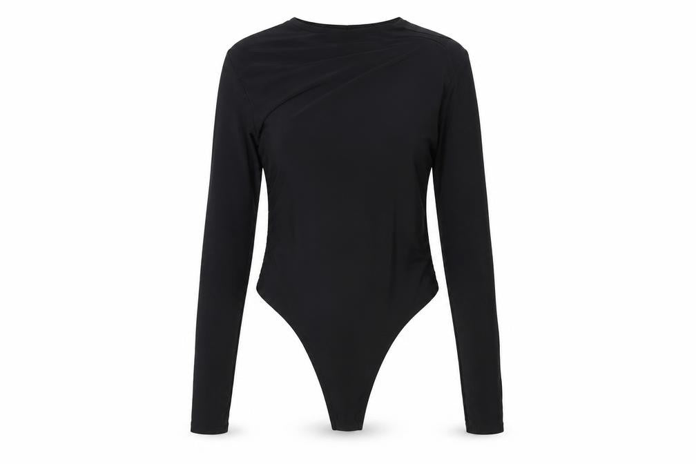 Front view of PRETTYLITTLETHING women’s black polyester bodysuit one-piece, size UK 6, snap