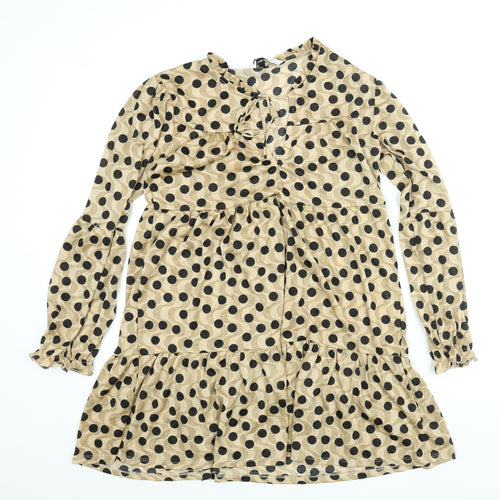 Stradivarius Womens Beige Polka Dot Polyester A-Line Size L Round Neck Tie - Smocked Keyhole Neck
