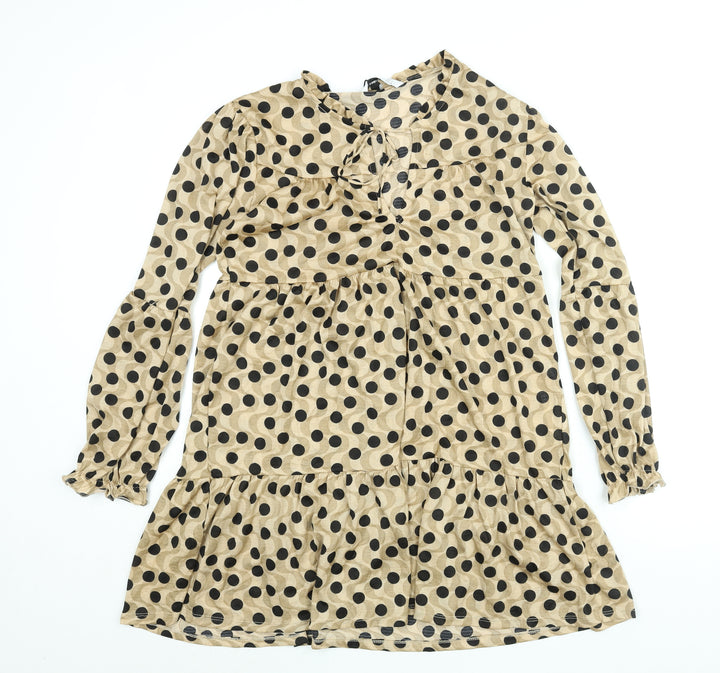 Stradivarius Womens Beige Polka Dot Polyester A-Line Size L Round Neck Tie - Smocked Keyhole Neck
