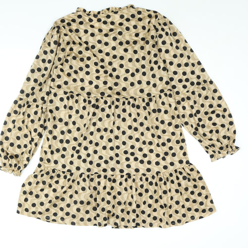 Stradivarius Womens Beige Polka Dot Polyester A-Line Size L Round Neck Tie - Smocked Keyhole Neck