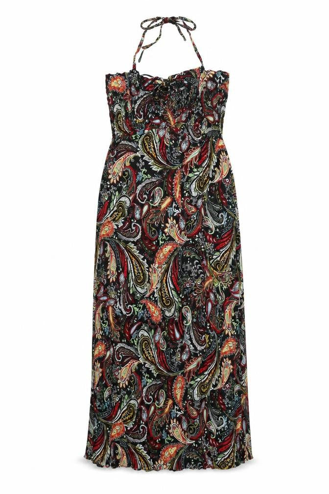 Front view of Marks & Spencer women’s multicoloured paisley viscose maxi, size UK 14, halter pullover
