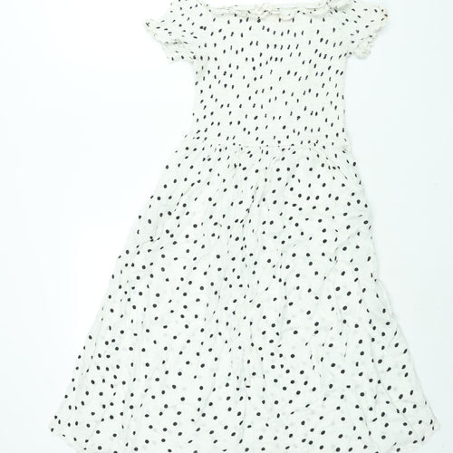NEXT Womens White Polka Dot Viscose A-Line Size 14 Off the Shoulder Pullover - Rouched Bodice