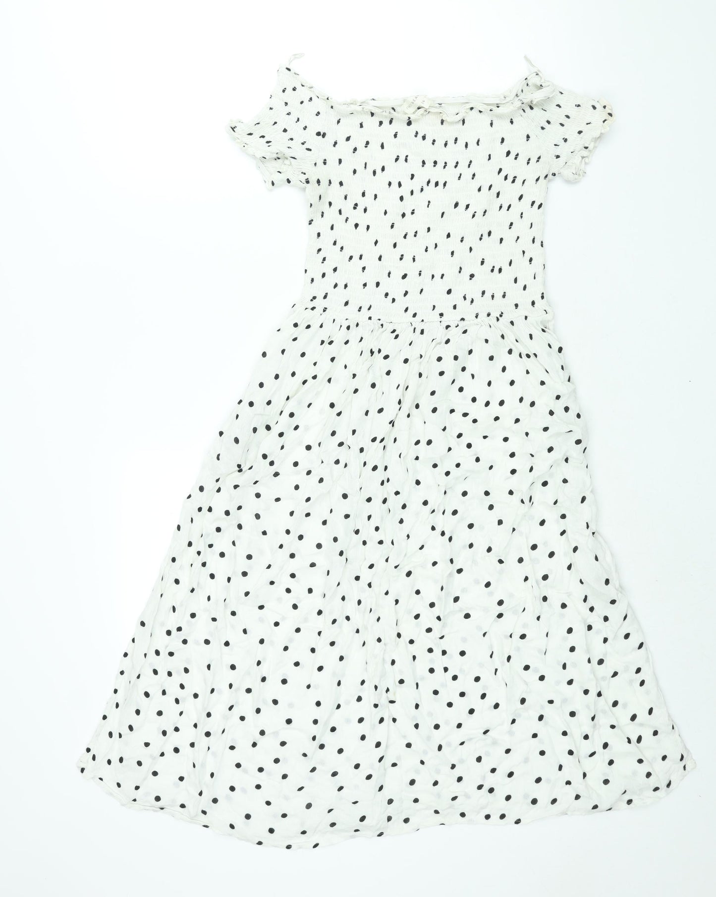 NEXT Womens White Polka Dot Viscose A-Line Size 14 Off the Shoulder Pullover - Rouched Bodice