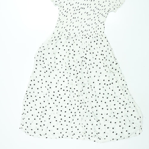 NEXT Womens White Polka Dot Viscose A-Line Size 14 Off the Shoulder Pullover - Rouched Bodice