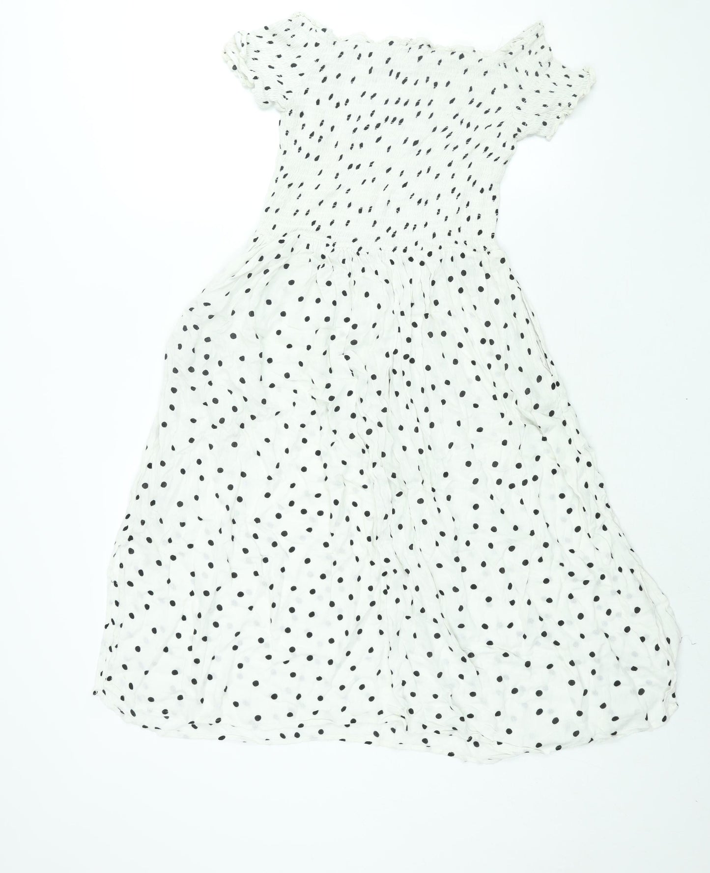 NEXT Womens White Polka Dot Viscose A-Line Size 14 Off the Shoulder Pullover - Rouched Bodice