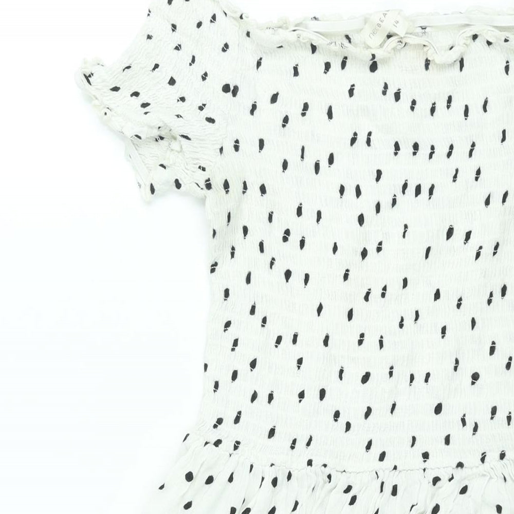 NEXT Womens White Polka Dot Viscose A-Line Size 14 Off the Shoulder Pullover - Rouched Bodice