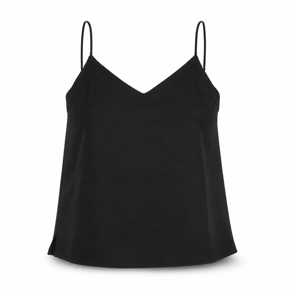 Front view of Topshop women’s black polyester camisole blouse, size UK 6, v-neck