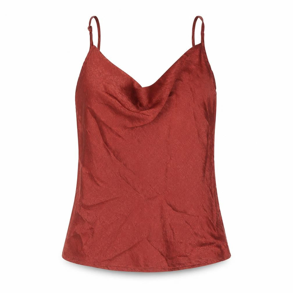 Front view of PRETTYLITTLETHING women’s red polyester camisole blouse, size UK 10, cowl neck