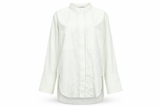 Front view of H&M women’s ivory polyester tunic blouse, size S, round neck