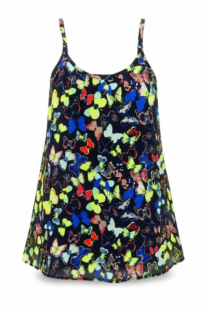 Front view of Fire women’s multicoloured geometric polyester a-line, size S, scoop neck pullover - butterfly print