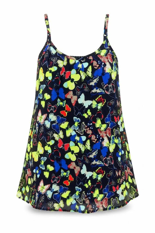 Front view of Fire women’s multicoloured geometric polyester a-line, size S, scoop neck pullover - butterfly print