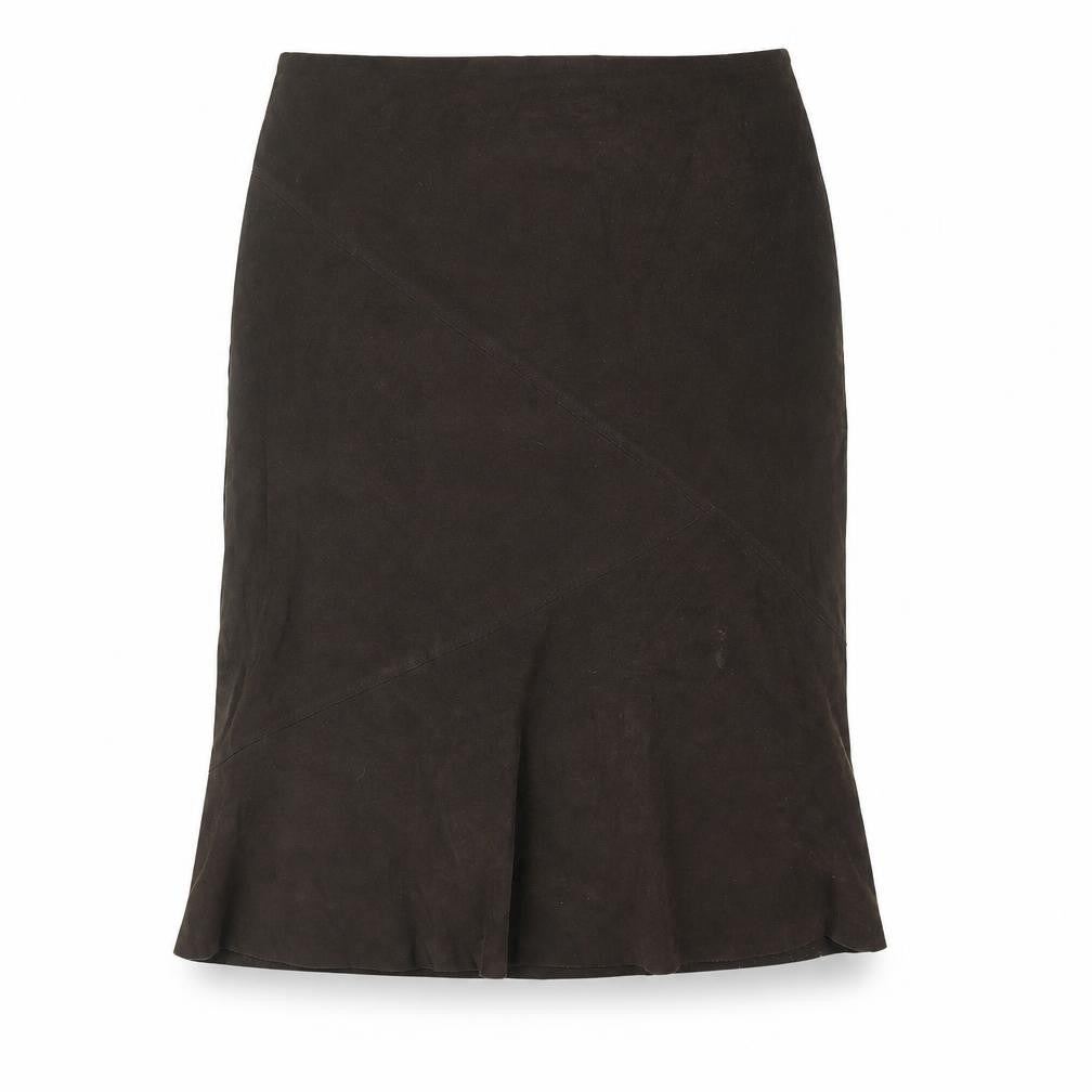 Front view of Etam women’s brown polyester a-line skirt, size UK 16, zip