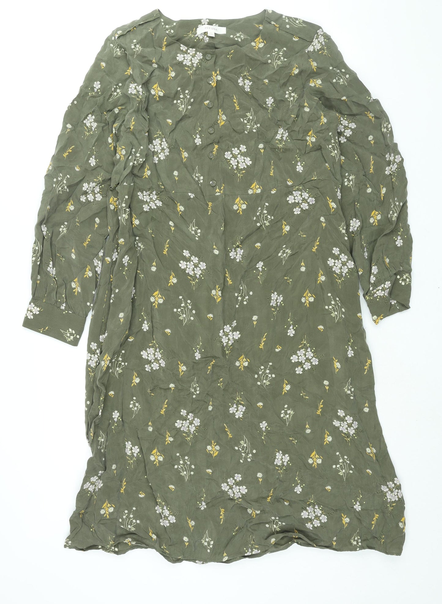 Per Una Womens Green Floral Cupro Shift Size 16 Round Neck Button