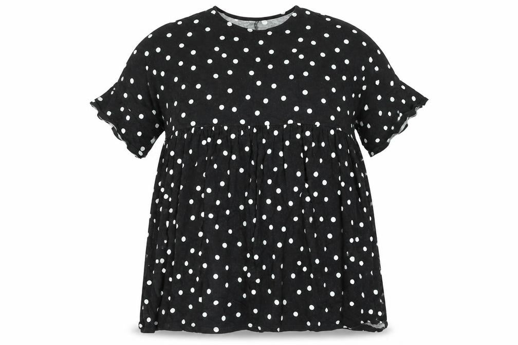 Front view of ASOS women’s black polka dot cotton shift, size UK 14, round neck pullover - smocked
