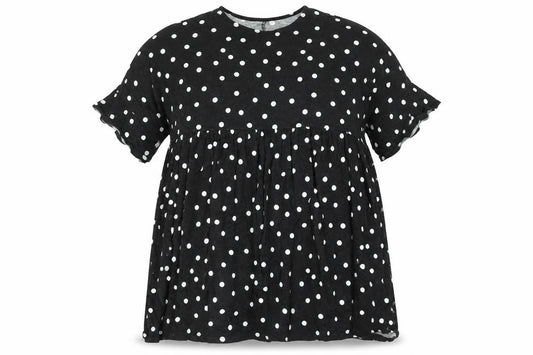 Front view of ASOS women’s black polka dot cotton shift, size UK 14, round neck pullover - smocked