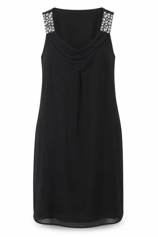 Front view of BHS women’s black polyester shift, size UK 18, cowl neck pullover - rhinestone strap