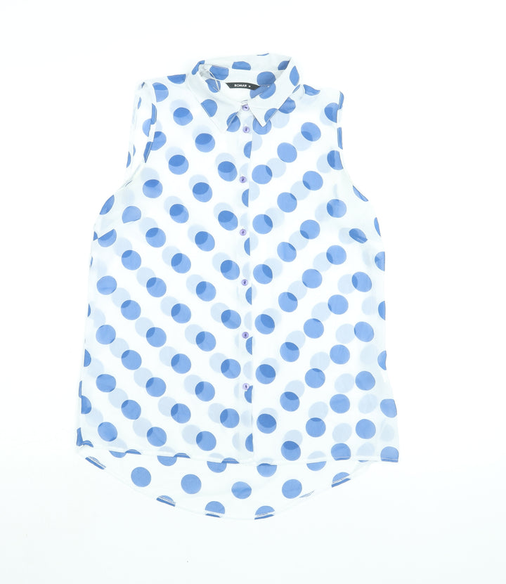 Roman Womens Blue Polka Dot Polyester Basic Blouse Size 10 Collared