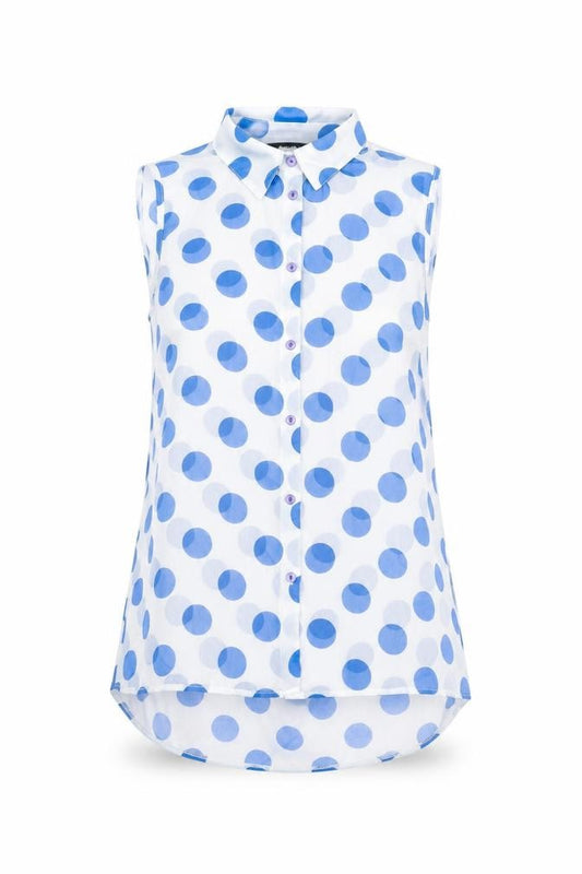 Front view of Roman women’s blue polka dot polyester basic blouse, size UK 10, collared