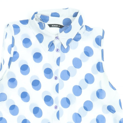 Roman Womens Blue Polka Dot Polyester Basic Blouse Size 10 Collared