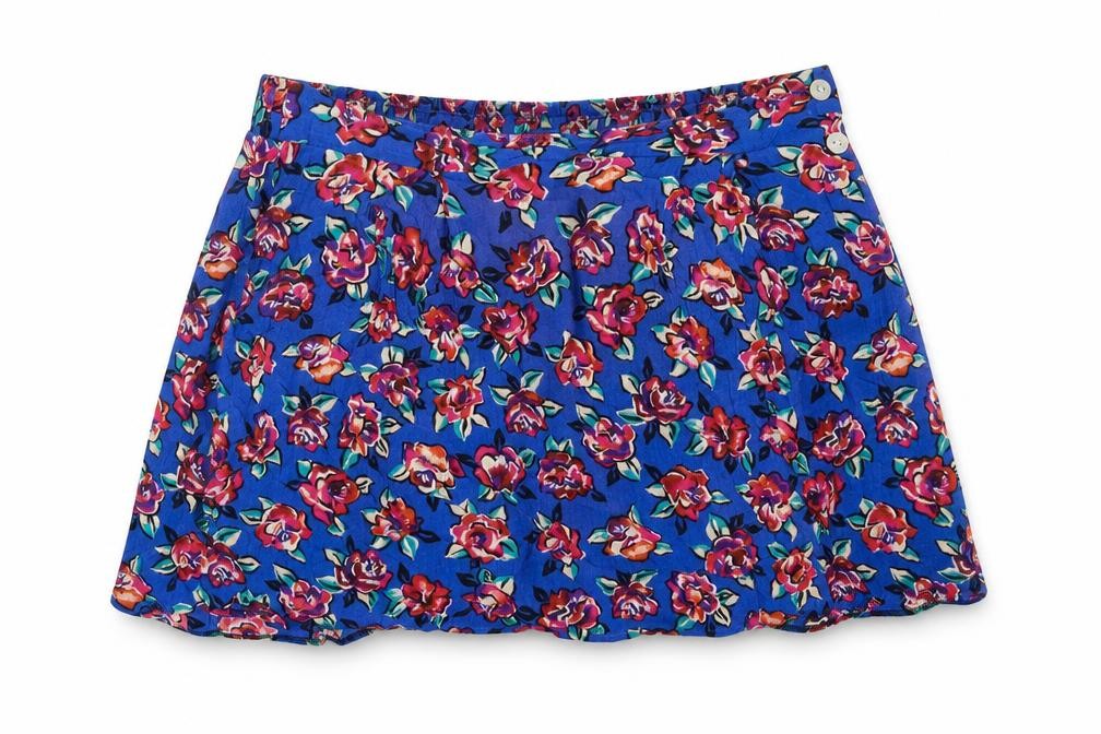 Front view of Worthington women’s blue floral viscose mini skirt, size L, button