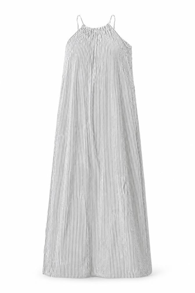 Front view of Zara women’s white striped viscose maxi, size M, scoop neck pullover