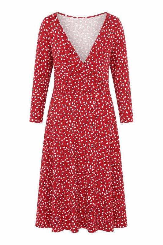 Front view of Principles women’s red geometric viscose a-line, size UK 14, v-neck pullover