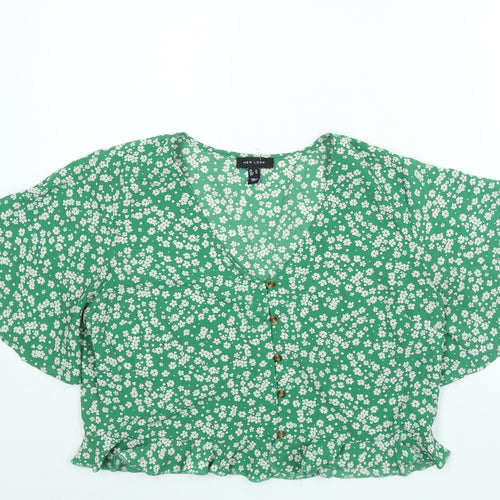 New Look Womens Green Floral Polyester Basic Blouse Size 16 V-Neck - Frill