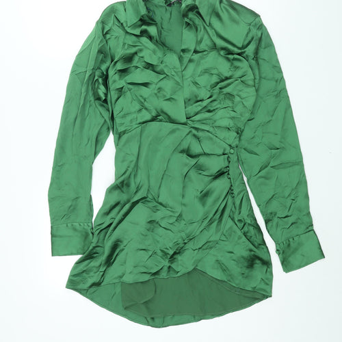 Zara Womens Green Polyester Shirt Dress Size S Collared Zip - Rouched Button