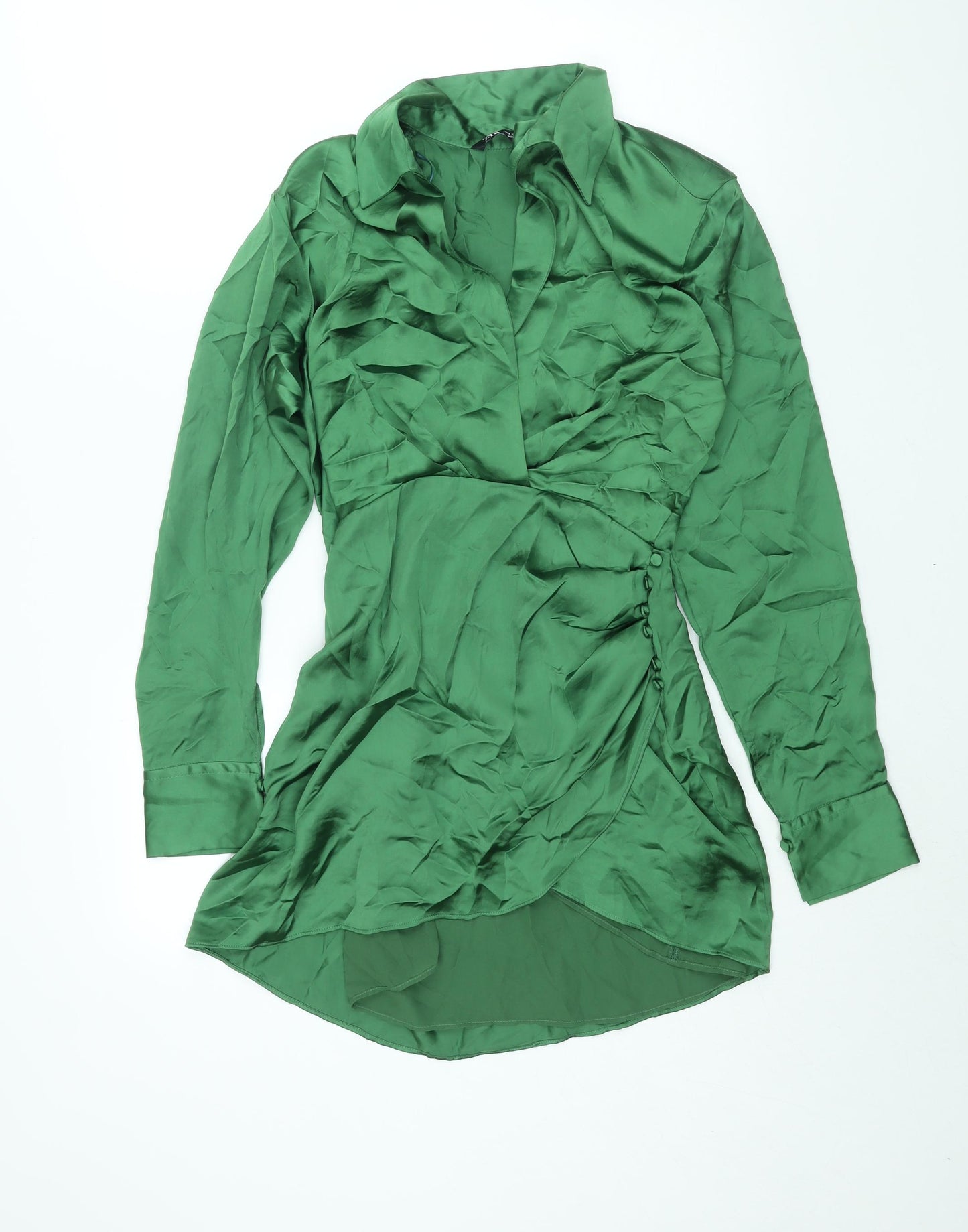 Zara Womens Green Polyester Shirt Dress Size S Collared Zip - Rouched Button
